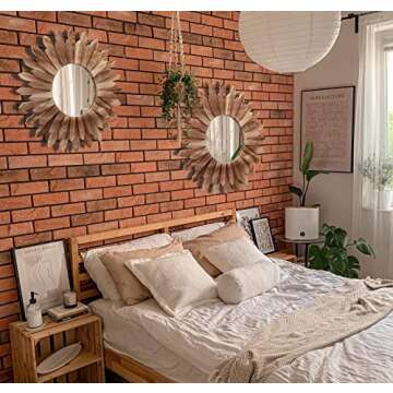 LOSOUR 2 Pack 22 Inch Boho Wall Sunburst Mirror Rustic Round Wood Decorative Mirror Boho Wall Art Decor Mirror for Entryway Bedroom Living Room
