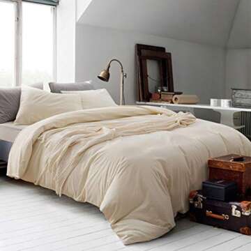 ECOCOTT Duvet Cover Queen Size - 3 Piece 100% Washed Cotton Bedding Set, Soft and Breathable with Zi...