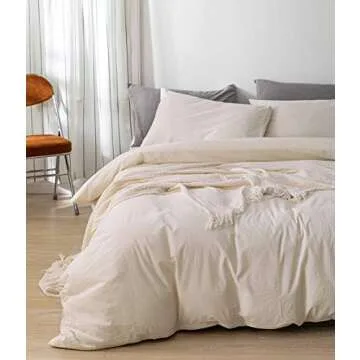 ECOCOTT Duvet Cover Queen Size - 3 Piece 100% Washed Cotton Bedding Set, Soft and Breathable with Zipper Closure & 8 Corner Ties - Comfortable and Stylish for All Seasons (Cream)