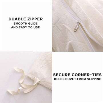 ECOCOTT Duvet Cover Queen Size - 3 Piece 100% Washed Cotton Bedding Set, Soft and Breathable with Zipper Closure & 8 Corner Ties - Comfortable and Stylish for All Seasons (Cream)