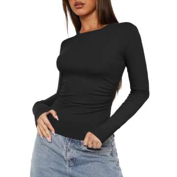 Darong Women's Long Sleeve Crew Neck Tops Casual Ruched Side Slim Fit Basic T Shirts Tee 9067 Black M