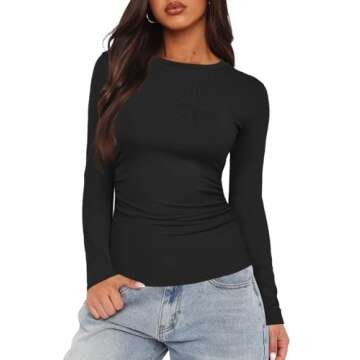 Darong Women's Long Sleeve Crew Neck Tops Casual Ruched Side Slim Fit Basic T Shirts Tee 9067 Black M