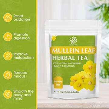 Mullein Leaf Tea, Mullein Tea Bags for Lung Cleanse, Respiratory Support and Mucous Membranes, Herbal Tea Caffeine Free, Non-GMO, 40 Tea Bags