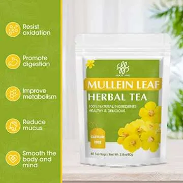 Mullein Leaf Tea, Mullein Tea Bags for Lung Cleanse, Respiratory Support and Mucous Membranes, Herbal Tea Caffeine Free, Non-GMO, 40 Tea Bags