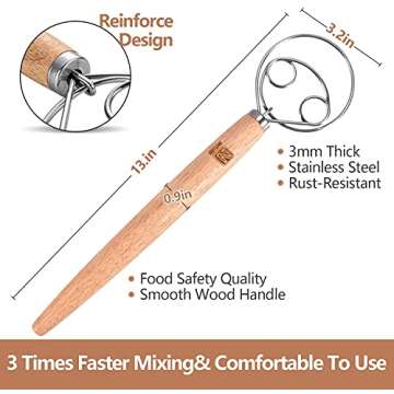 Natluss Original Danish Dough Whisk Dutch Style 13" Stainless Steel Large Wooden Hand Dough Mixer Ba...