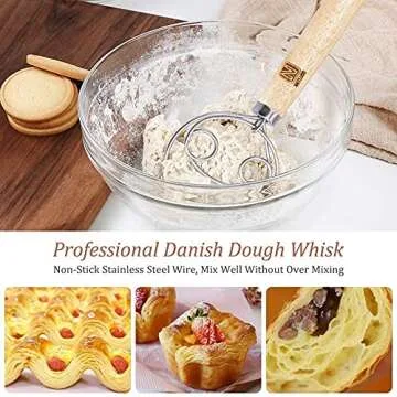 Natluss Original Danish Dough Whisk Dutch Style 13" Stainless Steel Large Wooden Hand Dough Mixer Baking Tool For Bread, Batter, Cake, Pastry, Pancake mixer, Cookie Dough Mixer For Cooking and Baking