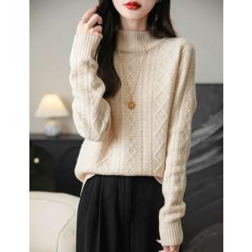 Chanyarn Women's 100% Merino Wool Sweater 2024 Fall Winter Basic Mock Neck Long Sleeve Vintage Cable Knitted Sweater (Beige,L)