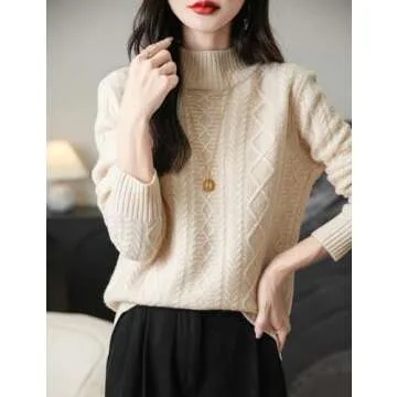 Chanyarn Women's 100% Merino Wool Sweater 2024 Fall Winter Basic Mock Neck Long Sleeve Vintage Cable Knitted Sweater (Beige,L)