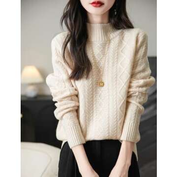 Chanyarn Women's 100% Merino Wool Sweater 2024 Fall Winter Basic Mock Neck Long Sleeve Vintage Cable Knitted Sweater (Beige,L)
