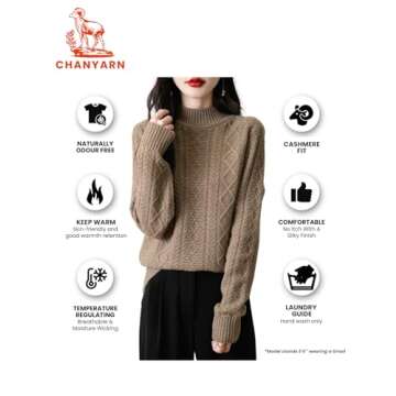 Chanyarn Women's 100% Merino Wool Sweater 2024 Fall Winter Basic Mock Neck Long Sleeve Vintage Cable Knitted Sweater (Beige,L)