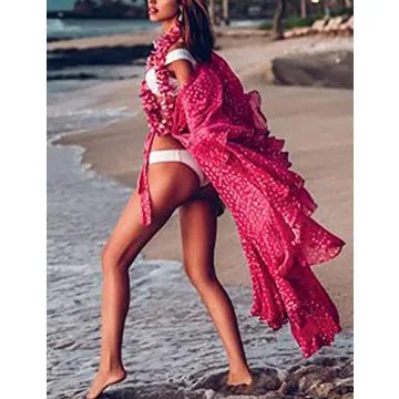Bsubseach Women Chiffon Dot Print Beach Kimono Cardigan Long Bathing Suit Cover Up Rose