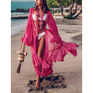 Bsubseach Women Chiffon Dot Print Beach Kimono Cardigan Long Bathing Suit Cover Up Rose