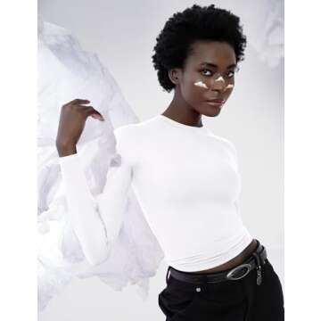 PUMIEY Long Sleeve Shirts for Women Crew Neck Slim Fit Fall Tops Sexy Basic Tee, Splashed White X-Large