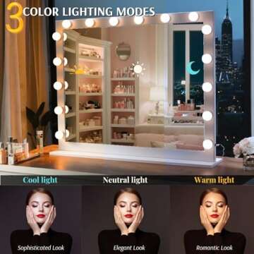 LUXFURNI Large Hollywood Vanity Mirror with Lights, Lighted Makeup Mirror with 16 LED Bulbs for Dressing Room, Wall-Mount/Tabletop (40Lx32W, White)