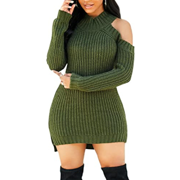 Stylish Green Mock Neck Cold Shoulder Sweater Dress for Women