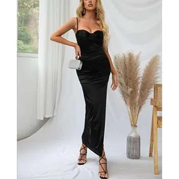 Women's Satin Spaghetti Straps Backless Ruched Bodycon Dress Slit Maxi Cocktail Elegant Dresses for Evening Party Black