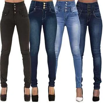 Andongnywell Women Button High Waist Skinny Jeans Colombian Design Butt Lift Jeans Plus Size Stretch High Rise Skinnys