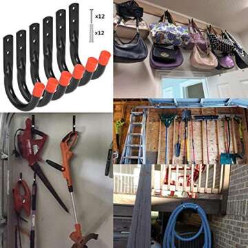 Yisunnan Wall Mount Utility Hooks for Garage Organization - Heavy Duty 6 Pcs Black J Hooks
