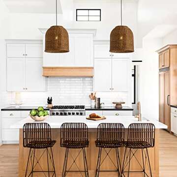 Ahaloye Woven Boho Rattan Pendant Lighting, 13.78” Tightly Woven Wicker Dome Pendant Light for Kitchen Dining Room Bedroom Foyer Hallway, Dark Brown