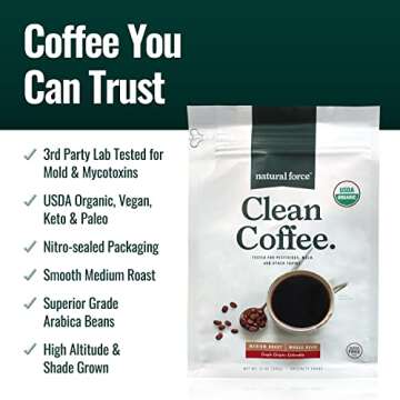 Natural Force - Organic Clean Coffee Classic, Mold & Mycotoxin Free, Lab Tested for Toxins & Purity, Low Acidity, Incredible Taste & Aroma, Whole Bean Medium Roast, 12 oz