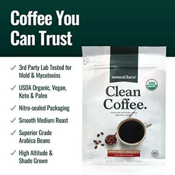 Natural Force - Organic Clean Coffee Classic, Mold & Mycotoxin Free, Lab Tested for Toxins & Purity, Low Acidity, Incredible Taste & Aroma, Whole Bean Medium Roast, 12 oz