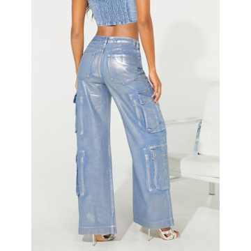 Stylish Women's High Waist Metallic Cargo Jeans 90s Trend