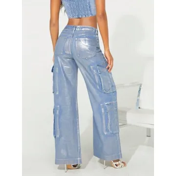Stylish Women's High Waist Metallic Cargo Jeans 90s Trend