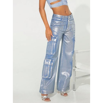Stylish Women's High Waist Metallic Cargo Jeans 90s Trend