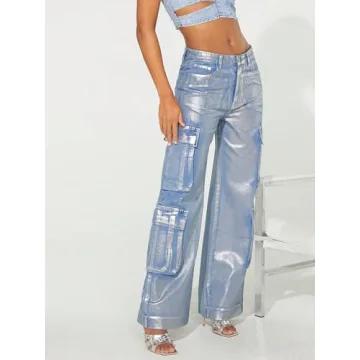 Stylish Women's High Waist Metallic Cargo Jeans 90s Trend