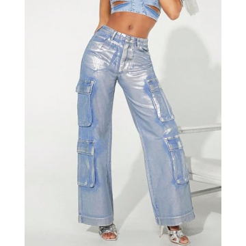 Stylish Women's High Waist Metallic Cargo Jeans 90s Trend