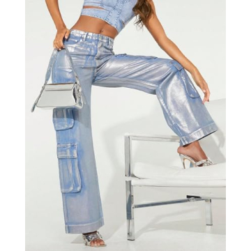 Stylish Women's High Waist Metallic Cargo Jeans 90s Trend