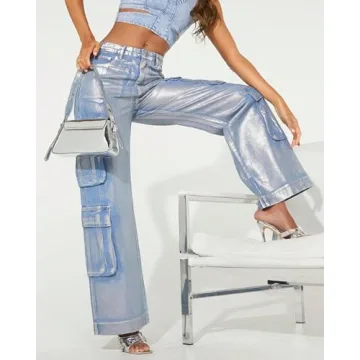 Stylish Women's High Waist Metallic Cargo Jeans 90s Trend
