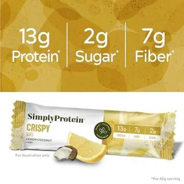 Simply Protein - Lemon Coconut Crispy Bars - Plant Based Protein Bars - Low Carb, Low Sugar, High Fiber - 13g Protein, 2g Sugar, 7g Fiber - Vegan, Gluten Free, Non GMO, Kosher - 24 Bars