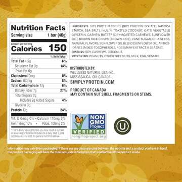 Simply Protein - Lemon Coconut Crispy Bars - Plant Based Protein Bars - Low Carb, Low Sugar, High Fiber - 13g Protein, 2g Sugar, 7g Fiber - Vegan, Gluten Free, Non GMO, Kosher - 24 Bars