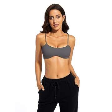 Meladyan Women Sports Bra Scoop Neck Spaghetti Strap Support Bralette Crop Cami Top Backless Curve Wireless Yoga Workout Dark Grey