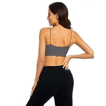 Meladyan Women Sports Bra Scoop Neck Spaghetti Strap Support Bralette Crop Cami Top Backless Curve Wireless Yoga Workout Dark Grey