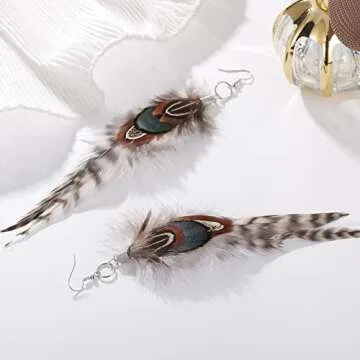RUOFFETA Long Feather Earrings for Women, Boho Bohemian Earrings Multicolor Tassel Handmade Feather Earrings for Women Dangling(Style H)