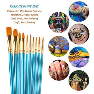 Acrylic Paint Brushes Set, 10pcs Round Pointed Nylon Hair Paint Brush Set Fine Tip Miniature Paintbrushes for Acrylic Watercolor Oil Painting Face Nail Model Craft Detailing Rock Art, Artist Pro Kits