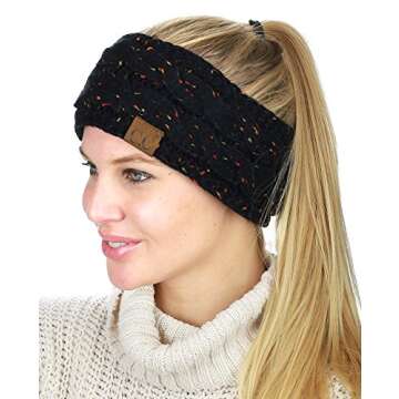 C.C Soft Stretch Winter Warm Cable Knit Fuzzy Lined Ear Warmer Headband, Confetti Black