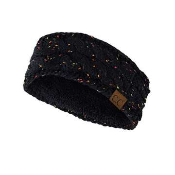 C.C Soft Stretch Winter Warm Cable Knit Fuzzy Lined Ear Warmer Headband, Confetti Black
