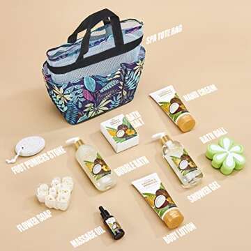 Bath and Body Set, Spa Gifts for Women, 10Pc Coconut Pamper gift Kit for Mum, Includes Bath Salt, Massage Oil, Bubble bath, Body Lotion, Tote Beach Bag, Valentines Eid Beauty Birthday Gift for her