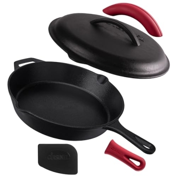 Cuisinel Cast Iron Skillet with Lid - 12-inch Pre-Seasoned Covered Frying Pan Set + Silicone Handle ...