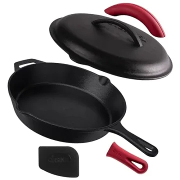 Cuisinel Cast Iron Skillet with Lid - 12-inch Pre-Seasoned Covered Frying Pan Set + Silicone Handle ...
