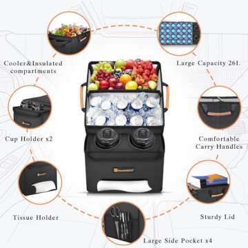 Car Seat Organizer-Car Organizers and Storage with Cooler Compartment, Car Organizer Front Back Seat for Kids, Car Storage Organizer with Lid Cup Holder Tissue Holder for Road Trips (Black)