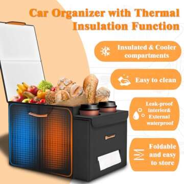 Car Seat Organizer-Car Organizers and Storage with Cooler Compartment, Car Organizer Front Back Seat for Kids, Car Storage Organizer with Lid Cup Holder Tissue Holder for Road Trips (Black)