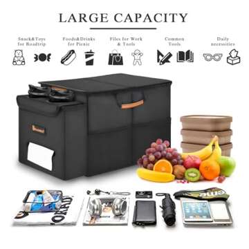 Car Seat Organizer-Car Organizers and Storage with Cooler Compartment, Car Organizer Front Back Seat for Kids, Car Storage Organizer with Lid Cup Holder Tissue Holder for Road Trips (Black)