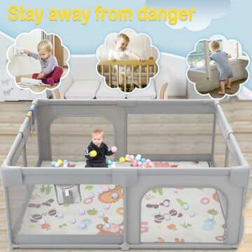 Palopalo 71"x59" Extra Large Baby Playpen, Sturdy Safety Playard for Babies and Toddlers, Baby Activity Center with 8 Suction Cup Bases and Soft Breathable Mesh, Infants Play Pen with Gate, Gray