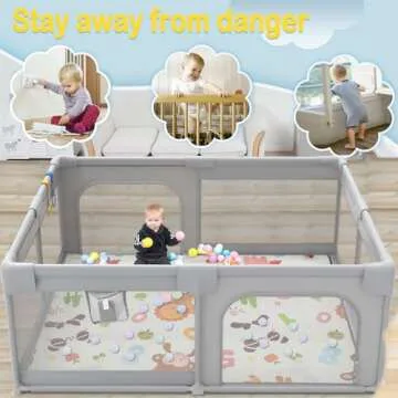 Palopalo 71"x59" Extra Large Baby Playpen, Sturdy Safety Playard for Babies and Toddlers, Baby Activity Center with 8 Suction Cup Bases and Soft Breathable Mesh, Infants Play Pen with Gate, Gray