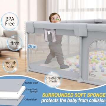 Palopalo 71"x59" Extra Large Baby Playpen, Sturdy Safety Playard for Babies and Toddlers, Baby Activity Center with 8 Suction Cup Bases and Soft Breathable Mesh, Infants Play Pen with Gate, Gray
