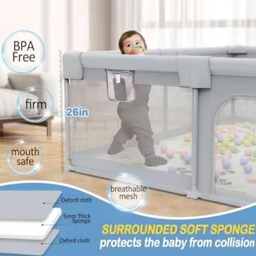 Palopalo 71"x59" Extra Large Baby Playpen, Sturdy Safety Playard for Babies and Toddlers, Baby Activity Center with 8 Suction Cup Bases and Soft Breathable Mesh, Infants Play Pen with Gate, Gray